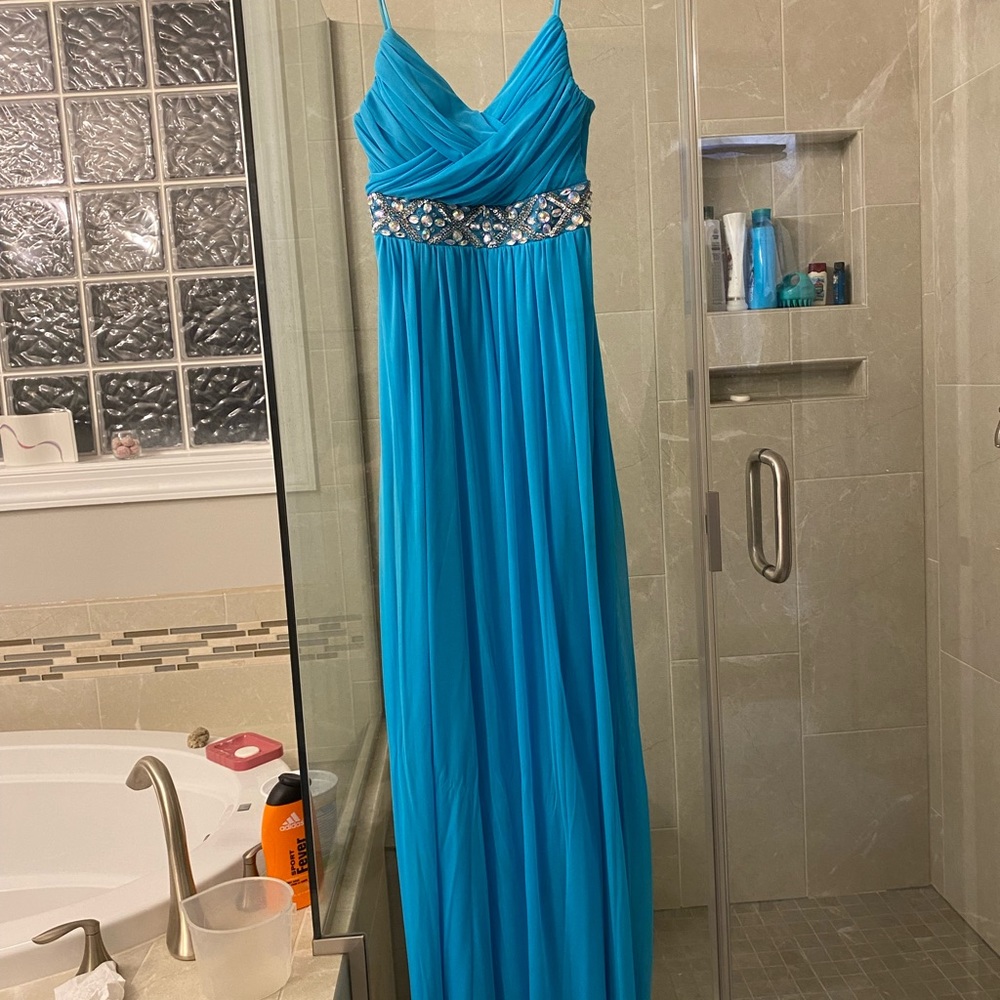 Blue Spaghetti Strap Surplice Embellished Gown